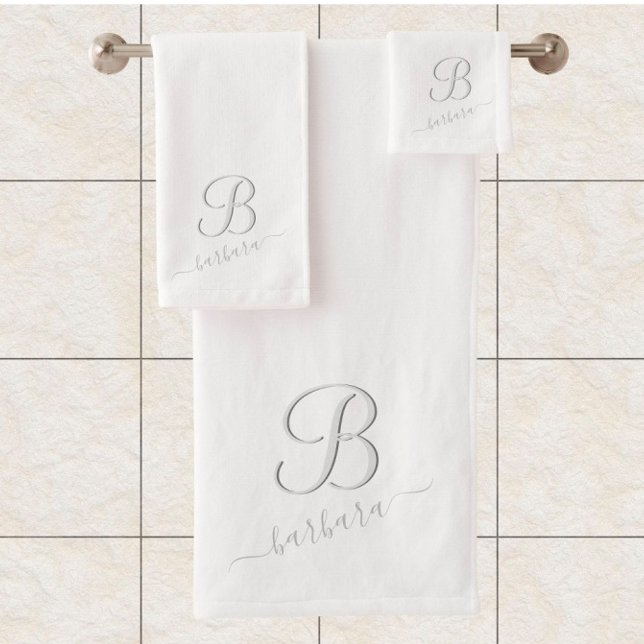 Elegant White Custom Monogram Name  Bath Towel Set (Creator Uploaded)