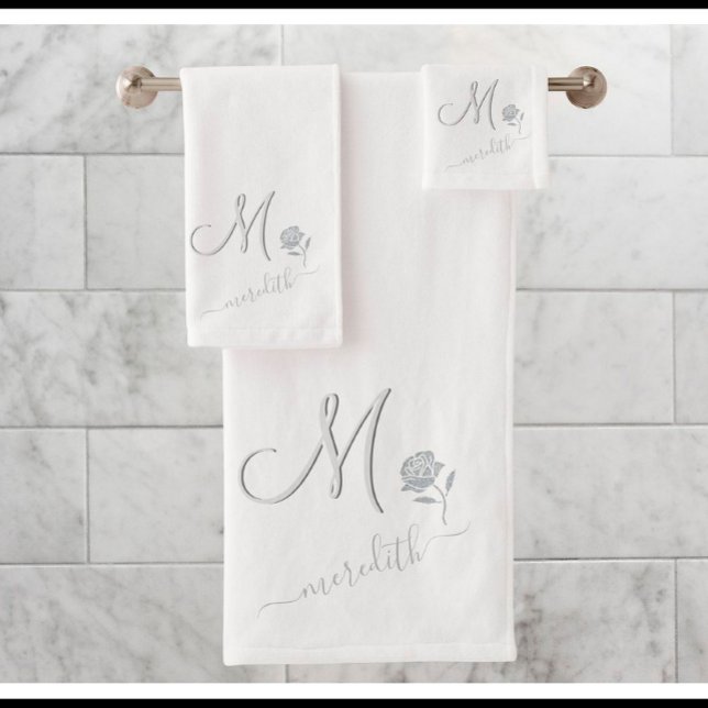 Elegant White Custom Monogram Name Flower  Bath Towel Set (Creator Uploaded)