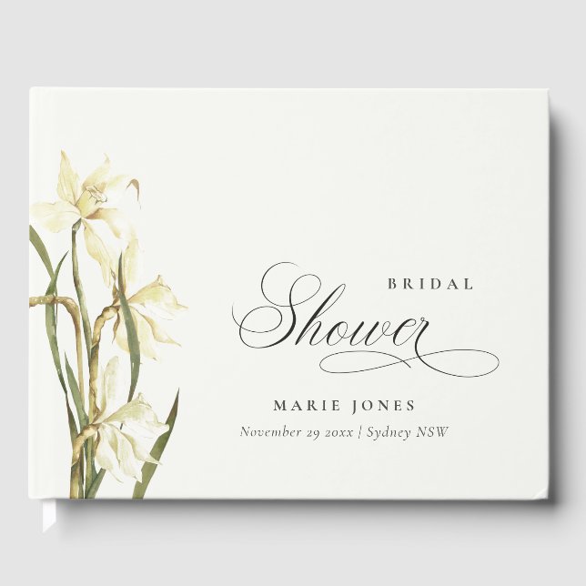 Elegant White Daffodil Watercolor Bridal Shower Guest Book (Front)