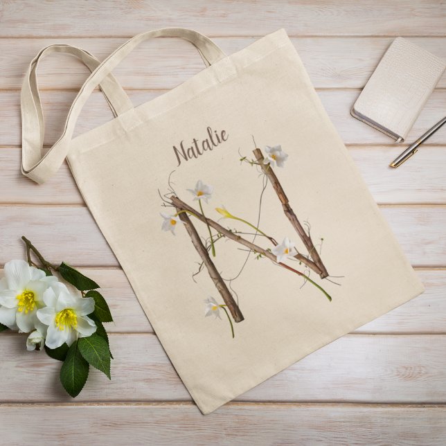 Elegant White Daffodils Floral Monogram N Custom Tote Bag (Creator Uploaded)