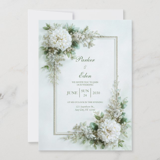 Elegant White Dahlia Botanical Frame Wedding Invitation (Front)