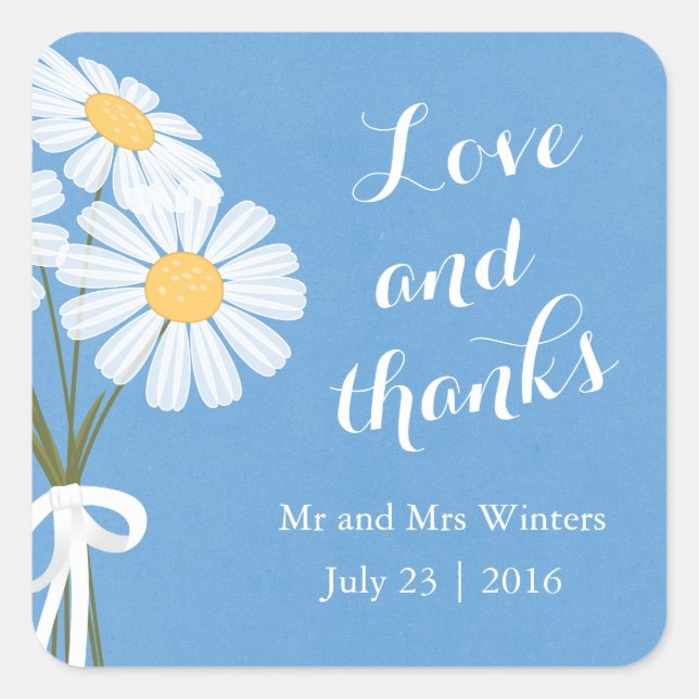 Elegant White Daisies Blue Thank You Wedding Square Sticker (Front)
