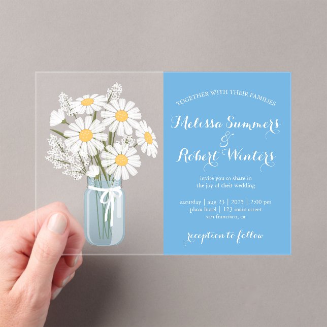 Elegant White Daisies Mason Jar Wedding Blue Acrylic Invitations (Insitu (Handheld))