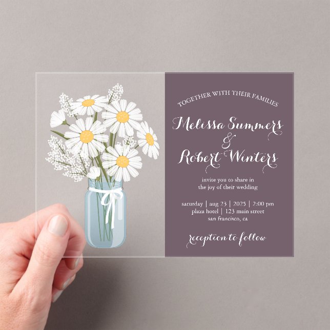 Elegant White Daisies Mason Jar Wedding Purple Acrylic Invitations (Insitu (Handheld))