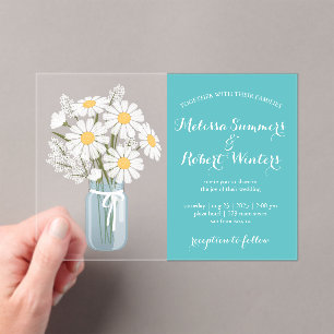 Elegant White Daisies Mason Jar Wedding Teal Acrylic Invitations