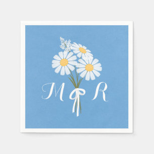 Elegant White Daisies on Blue Monogram Wedding Napkin