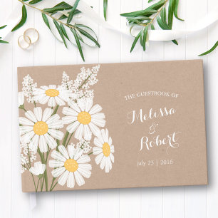 Elegant White Daisies Wedding Rustic Beige Guest Book