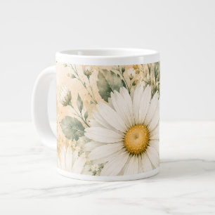 Elegant White Daisy Botanical Watercolor Large Coffee Mug