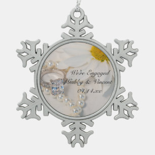 Elegant White Daisy Engagement Snowflake Pewter Christmas Ornament