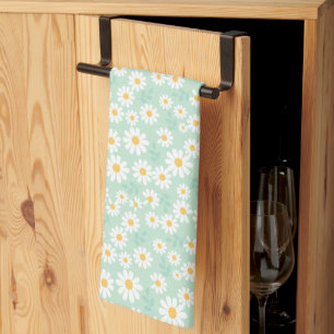Elegant White Daisy Flowers Pastel Teal Easter Tea Towel