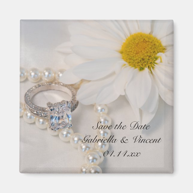 Elegant White Daisy Wedding Save the Date Magnet (Front)