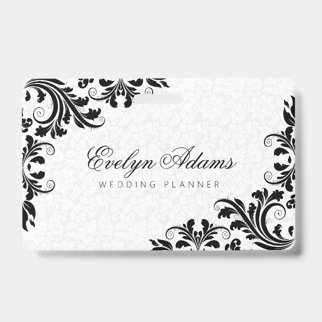 Elegant White Damask & Black Lace ID Badge (Front)