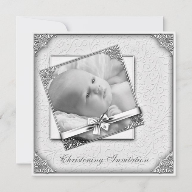 Elegant White Damask Photo Christening Invitation (Front)