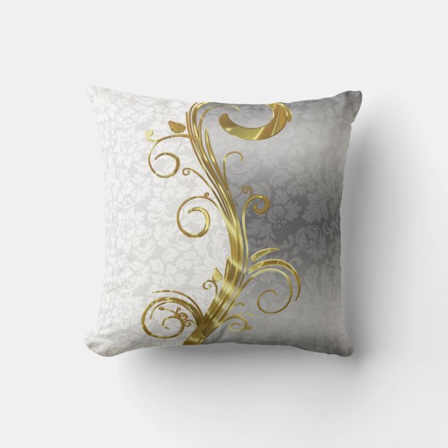 Elegant White Damasks Gold & Silver Swirls Cushion (Front)