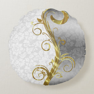 Elegant White Damasks Gold & Silver Swirls Round Cushion