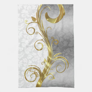 Elegant White Damasks Gold & Silver Swirls Tea Towel