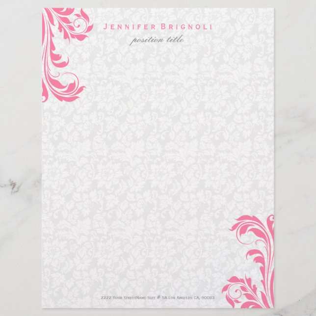 Elegant White Damasks Pink Floral Swirl Letterhead Design (Front)