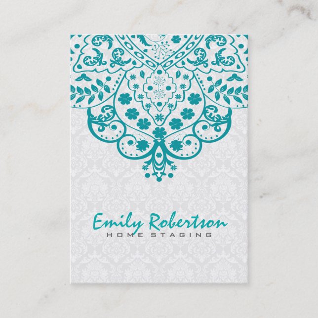 Elegant White Damasks Turquoise Vintage Lace Business Card (Front)