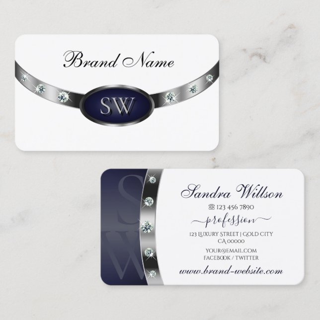 Elegant White Dark Blue and Silver with Monogram Business Card (Front/Back)