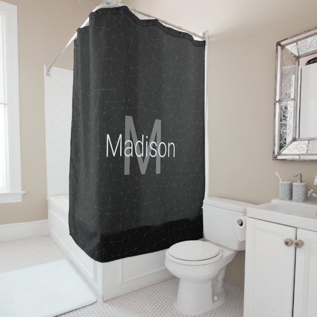 Elegant White Dark grey geometric mesh Monogram Shower Curtain (In Situ)