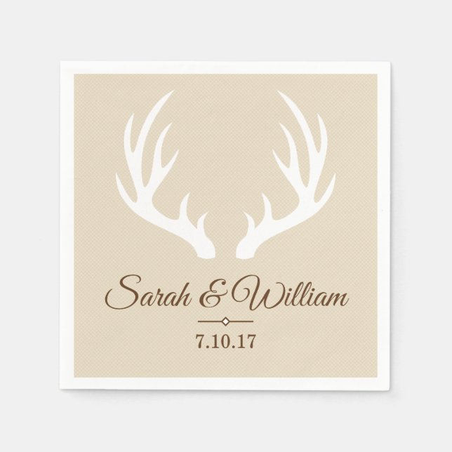 Elegant White Deer Antlers & Taupe | Personalised Napkin (Front)