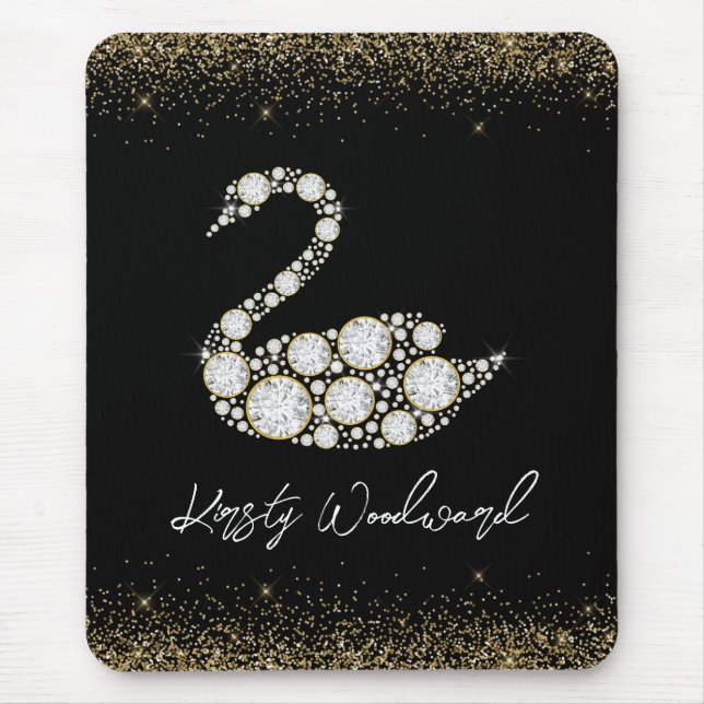 Elegant White Diamond Swan on Black Background Mouse Pad (Front)