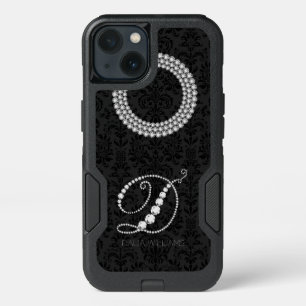Elegant White Diamonds Print Monogram Letter D