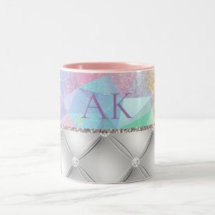 Elegant White & Diamonds Rainbow Opal Gemstone Two-Tone Coffee Mug