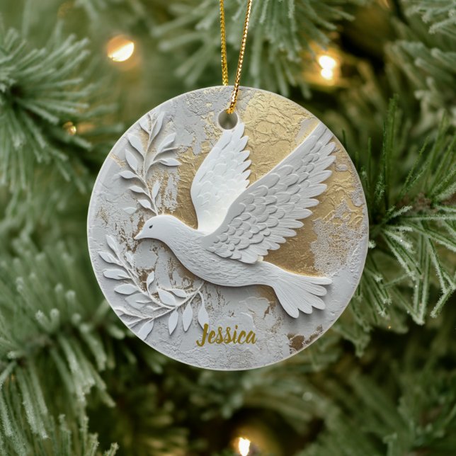 Elegant White Dove with Gold Customisable Name  Ceramic Ornament (Tree)