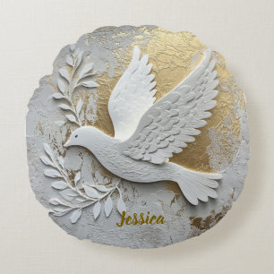 Elegant White Dove with Gold Customisable Name  Round Cushion