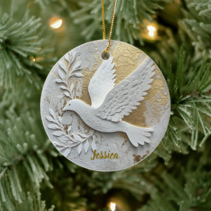 Elegant White Dove with Gold Customizable Name  Ceramic Ornament