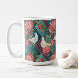 Elegant White Doves Pink Floral & Gold Geometric Coffee Mug