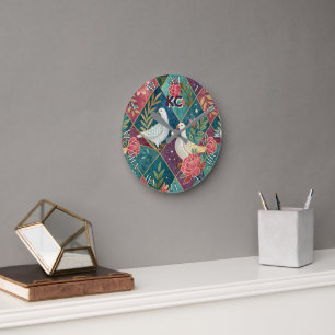 Elegant White Doves Pink Floral & Gold Geometric Round Clock