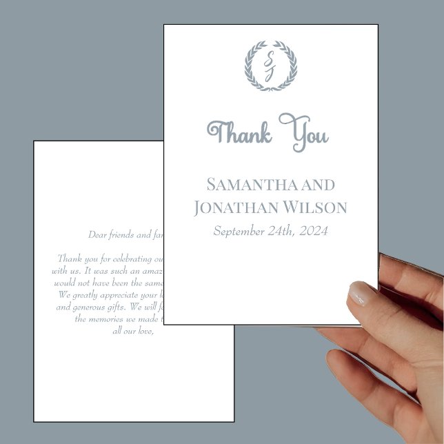 Elegant White Dusty Blue Monogram Thank You  Card (Creator Uploaded)