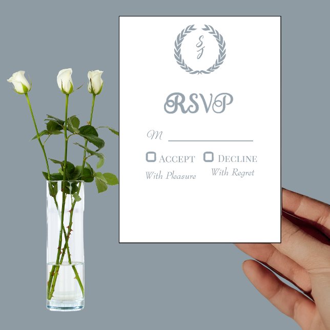 Elegant White Dusty Blue Monogram Wedding RSVP Invitation (Creator Uploaded)
