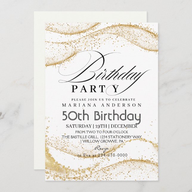 Elegant White Dusty Gold Glitter 50th Birthday Invitation (Front/Back)