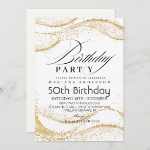 Elegant White Dusty Gold Glitter 50th Birthday Invitation