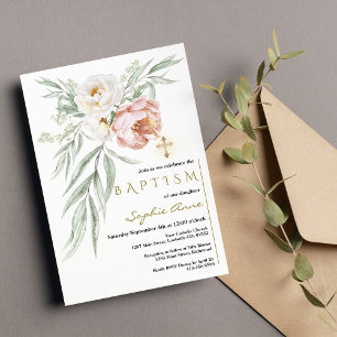 Elegant White Dusty Rose Flowers Bouquet Baptism Invitation