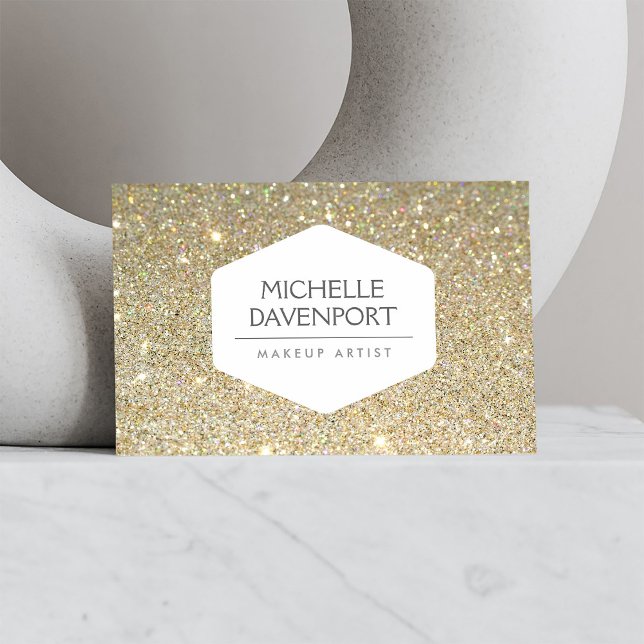 ELEGANT WHITE EMBLEM ON GOLD GLITTER BACKGROUND BUSINESS CARD (Creator Uploaded)