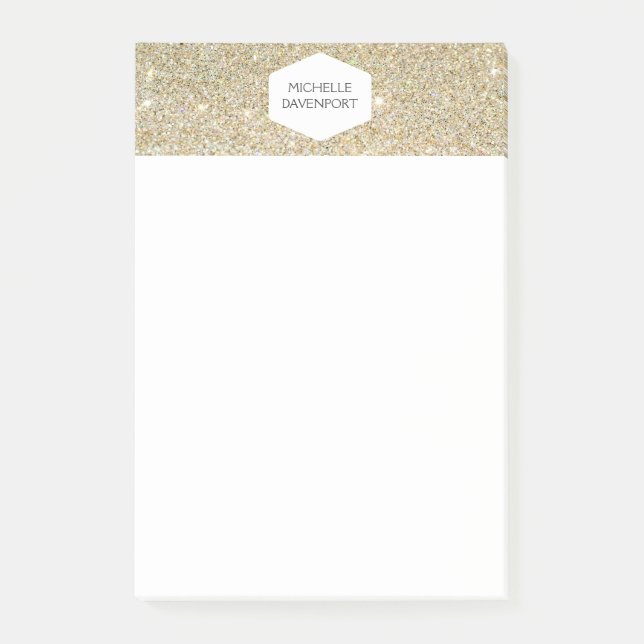 ELEGANT WHITE EMBLEM ON GOLD GLITTER POST-IT NOTES (Front)
