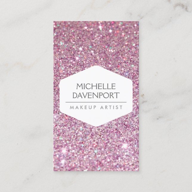 ELEGANT WHITE EMBLEM ON PINK GLITTER BACKGROUND II BUSINESS CARD (Front)