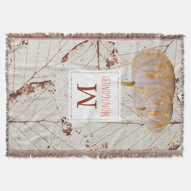 Elegant White Fall Leaves Pumpkins - Family Name Throw Blanket (Front)