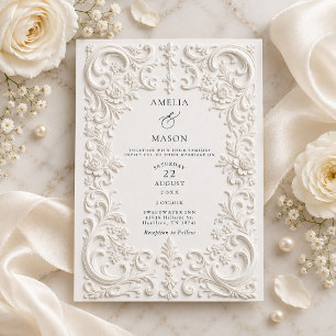 Elegant White Faux Embossed Baroque Wedding Invitation