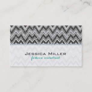 Elegant White Faux Glitter Chevron & Diamonds Business Card