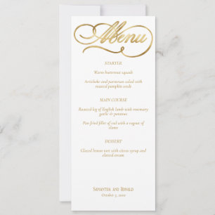 Elegant White & Faux Gold Calligraphy Wedding Menu Invitation