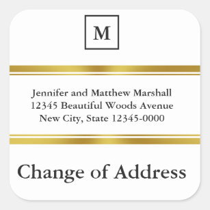 Elegant White Faux Gold Monogram Change of Address Square Sticker