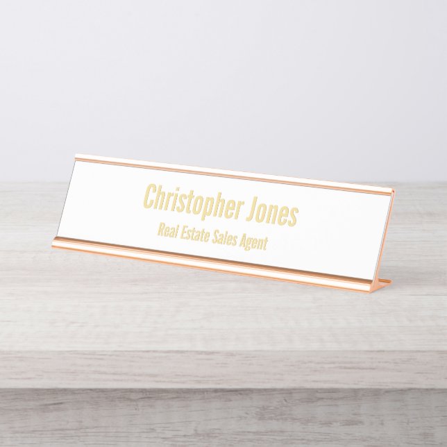 Elegant White Faux Gold Office Executive Title DIY Desk Name Plate (Front)