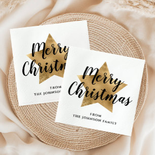 Elegant White Faux Gold Star Merry Christmas Napkin