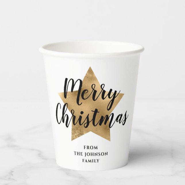 Elegant White Faux Gold Star Merry Christmas  Paper Cups (Front)