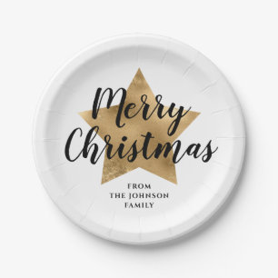 Elegant White Faux Gold Star Merry Christmas Paper Plate
